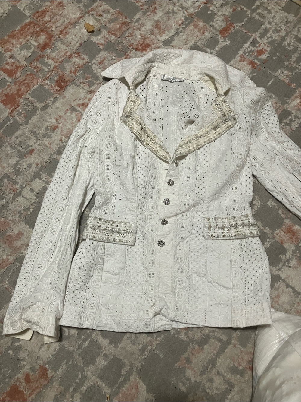 White Eyelet Lace Women's Jacket with Embellished Trim